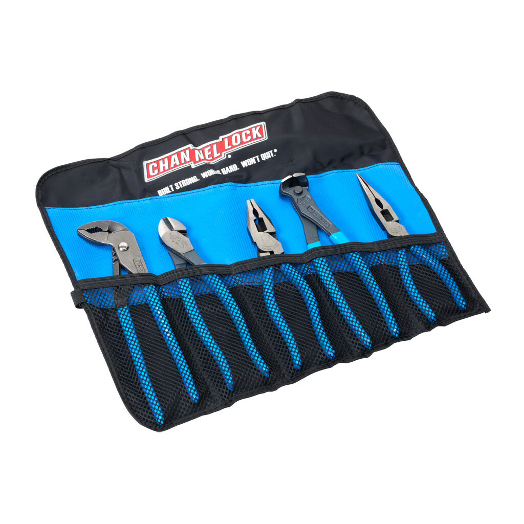 TOOLROLL-5E - CHANNELLOCK E SERIES pliers and cutters set, combination, long nose, diagonal, end cutting and tongue and groove, 5 pieces, roll-out canvas pouch.