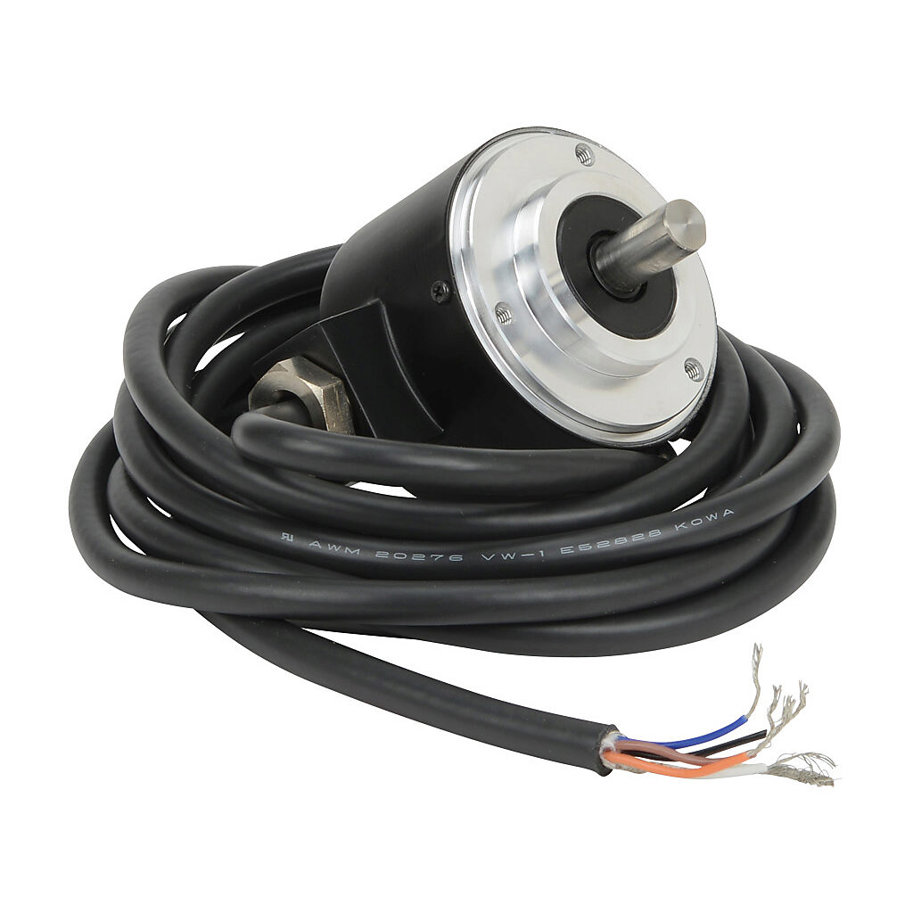 TRD-N100-RZWD - JTEKT TRD-N series incremental (quadrature) rotary encoder, 5-30 VDC, push-pull (totem) output, medium duty, 100 ppr, 8mm solid shaft, 50mm diameter body, IP65, 6.5ft/2m cable length, radial exit, pigtail.