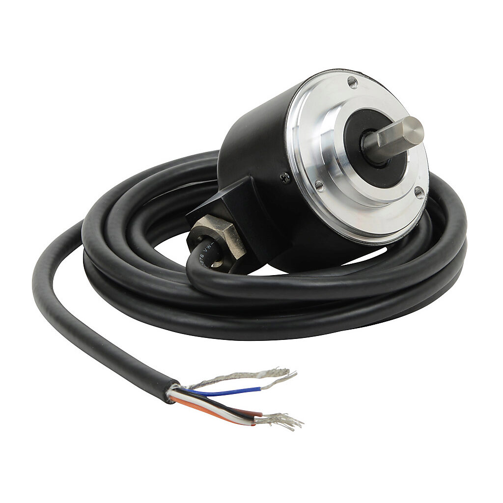 TRD-N120-RZWD - JTEKT TRD-N series incremental (quadrature) rotary encoder, 5-30 VDC, push-pull (totem) output, medium duty, 120 ppr, 8mm solid shaft, 50mm diameter body, IP65, 6.5ft/2m cable length, radial exit, pigtail.
