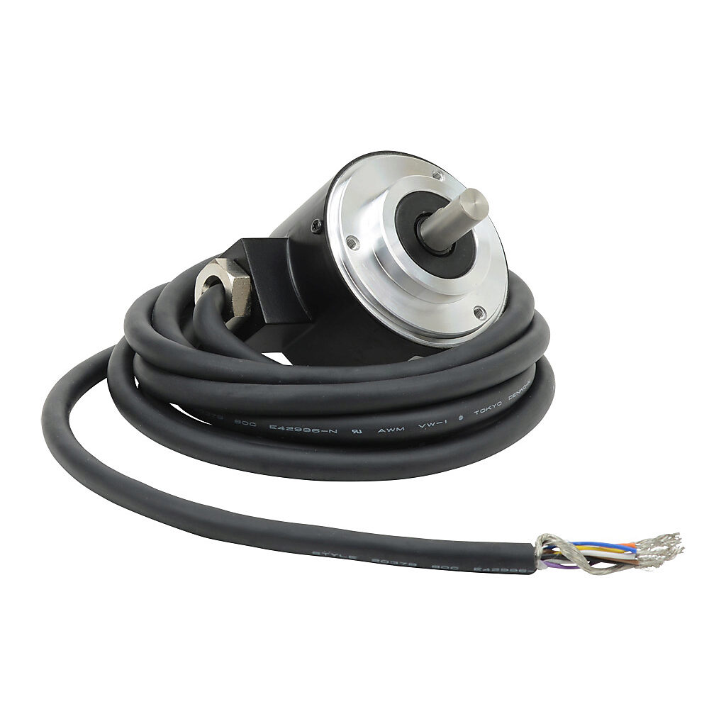 TRD-N1200-RZVWD - JTEKT TRD-N series incremental (quadrature) rotary encoder, 5 VDC, line driver (differential) output, medium duty, 1200 ppr, 8mm solid shaft, 50mm diameter body, IP65, 6.5ft/2m cable length, radial exit, pigtail.