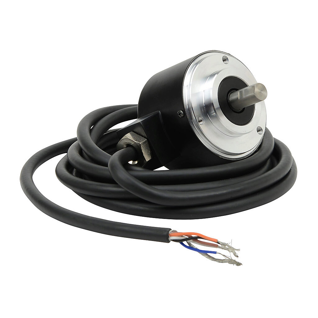 TRD-N200-RZWD - JTEKT TRD-N series incremental (quadrature) rotary encoder, 5-30 VDC, push-pull (totem) output, medium duty, 200 ppr, 8mm solid shaft, 50mm diameter body, IP65, 6.5ft/2m cable length, radial exit, pigtail.