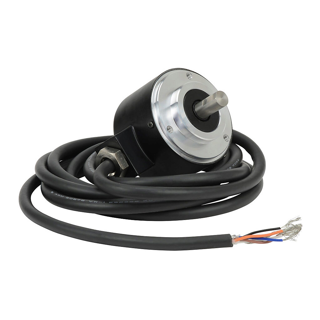 TRD-N240-RZWD - JTEKT TRD-N series incremental (quadrature) rotary encoder, 5-30 VDC, push-pull (totem) output, medium duty, 240 ppr, 8mm solid shaft, 50mm diameter body, IP65, 6.5ft/2m cable length, radial exit, pigtail.
