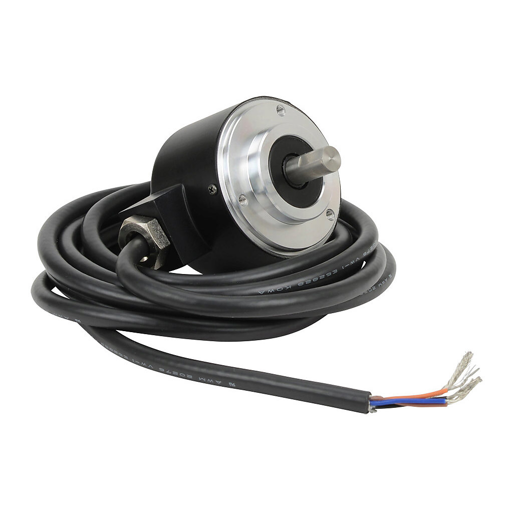 TRD-N300-RZWD - JTEKT TRD-N series incremental (quadrature) rotary encoder, 5-30 VDC, push-pull (totem) output, medium duty, 300 ppr, 8mm solid shaft, 50mm diameter body, IP65, 6.5ft/2m cable length, radial exit, pigtail.