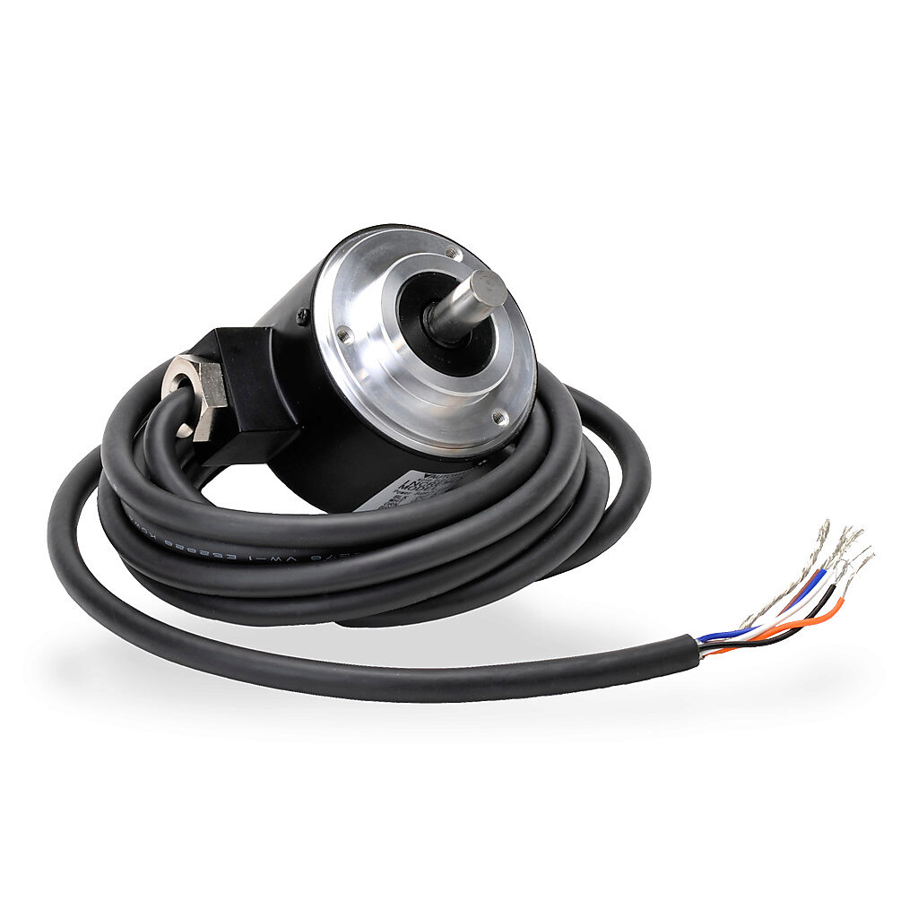 TRD-N3600-RZWD - JTEKT TRD-N series incremental (quadrature) rotary encoder, 5-30 VDC, push-pull (totem) output, medium duty, 3600 ppr, 8mm solid shaft, 50mm diameter body, IP65, 6.5ft/2m cable length, radial exit, pigtail.