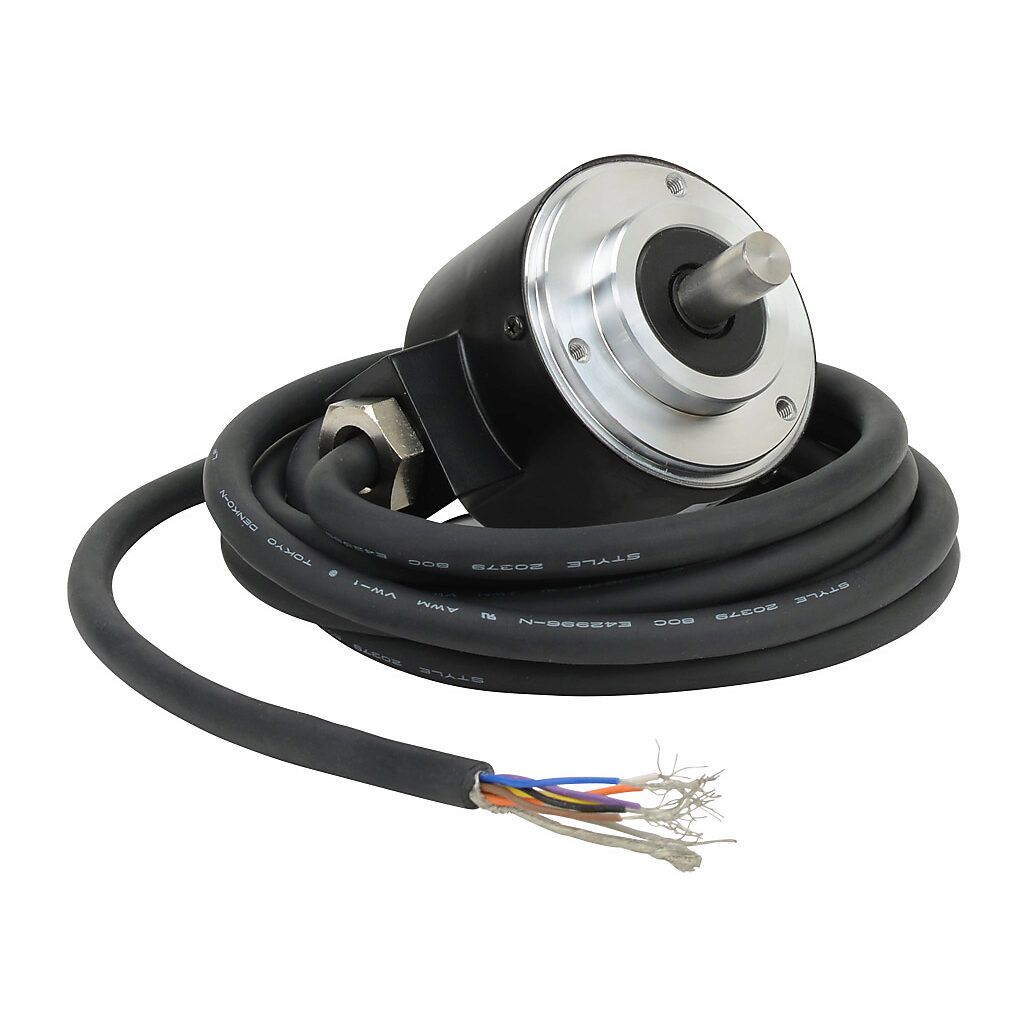 TRD-N40-RZVWD - JTEKT TRD-N series incremental (quadrature) rotary encoder, 5 VDC, line driver (differential) output, medium duty, 40 ppr, 8mm solid shaft, 50mm diameter body, IP65, 6.5ft/2m cable length, radial exit, pigtail.