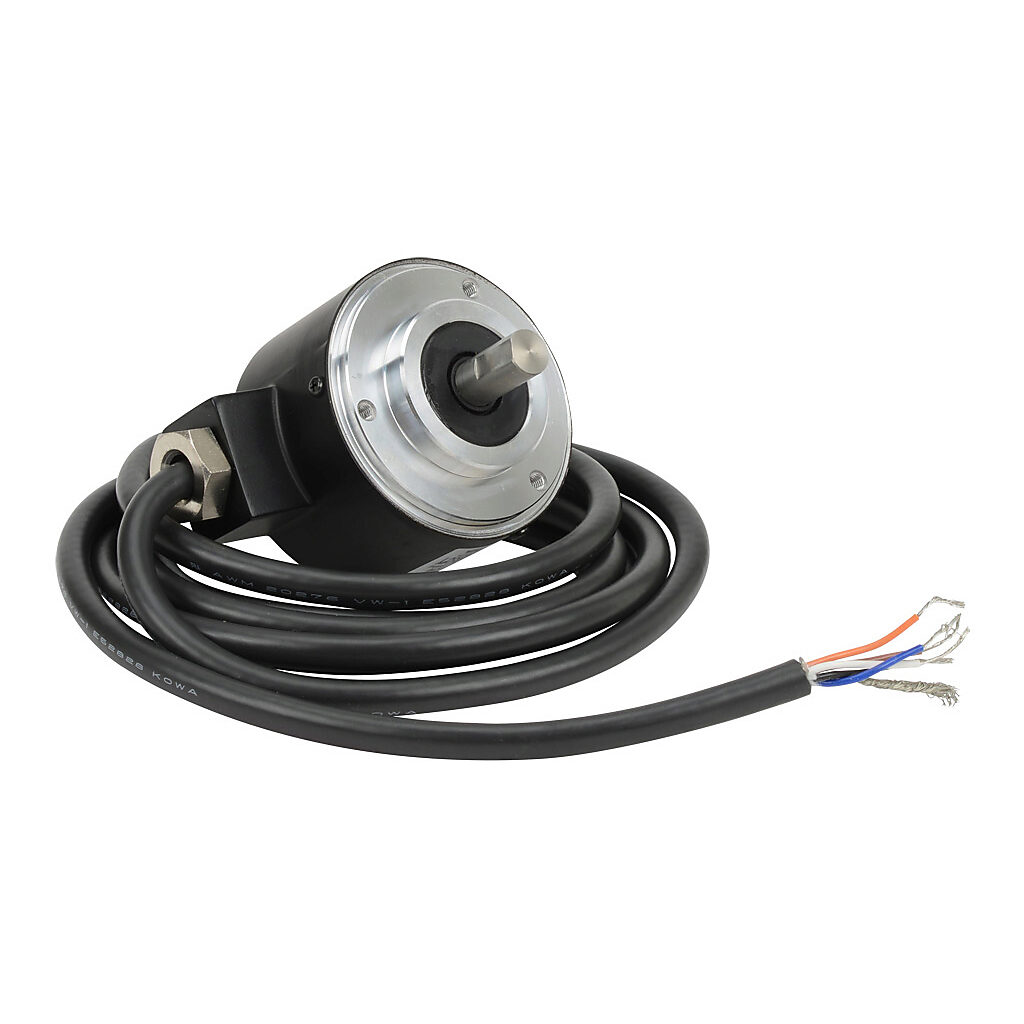 TRD-N40-RZWD - JTEKT TRD-N series incremental (quadrature) rotary encoder, 5-30 VDC, push-pull (totem) output, medium duty, 40 ppr, 8mm solid shaft, 50mm diameter body, IP65, 6.5ft/2m cable length, radial exit, pigtail.