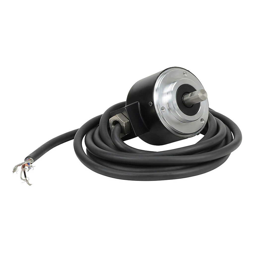 TRD-N400-RZWD - JTEKT TRD-N series incremental (quadrature) rotary encoder, 5-30 VDC, push-pull (totem) output, medium duty, 400 ppr, 8mm solid shaft, 50mm diameter body, IP65, 6.5ft/2m cable length, radial exit, pigtail.