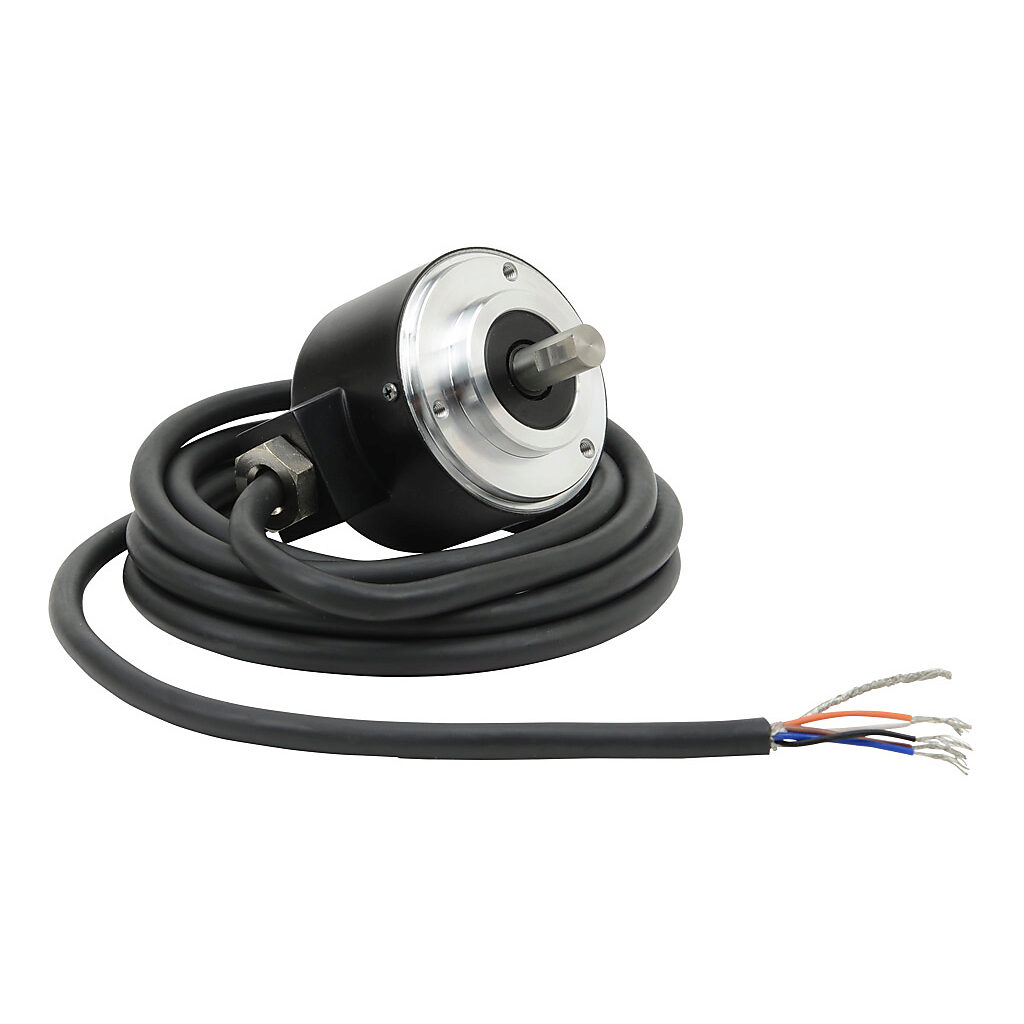 TRD-N480-RZWD - JTEKT TRD-N series incremental (quadrature) rotary encoder, 5-30 VDC, push-pull (totem) output, medium duty, 480 ppr, 8mm solid shaft, 50mm diameter body, IP65, 6.5ft/2m cable length, radial exit, pigtail.