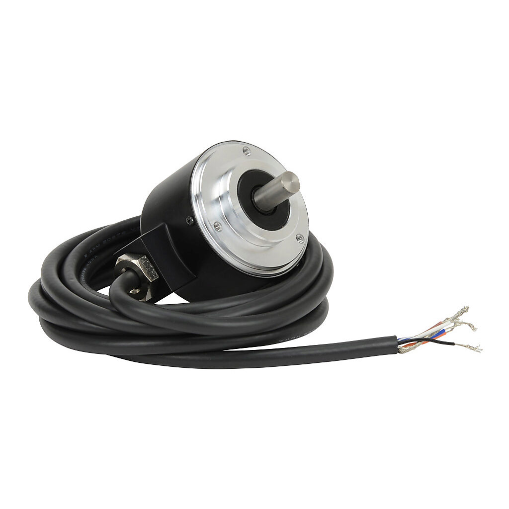 TRD-N500-RZWD - JTEKT TRD-N series incremental (quadrature) rotary encoder, 5-30 VDC, push-pull (totem) output, medium duty, 500 ppr, 8mm solid shaft, 50mm diameter body, IP65, 6.5ft/2m cable length, radial exit, pigtail.