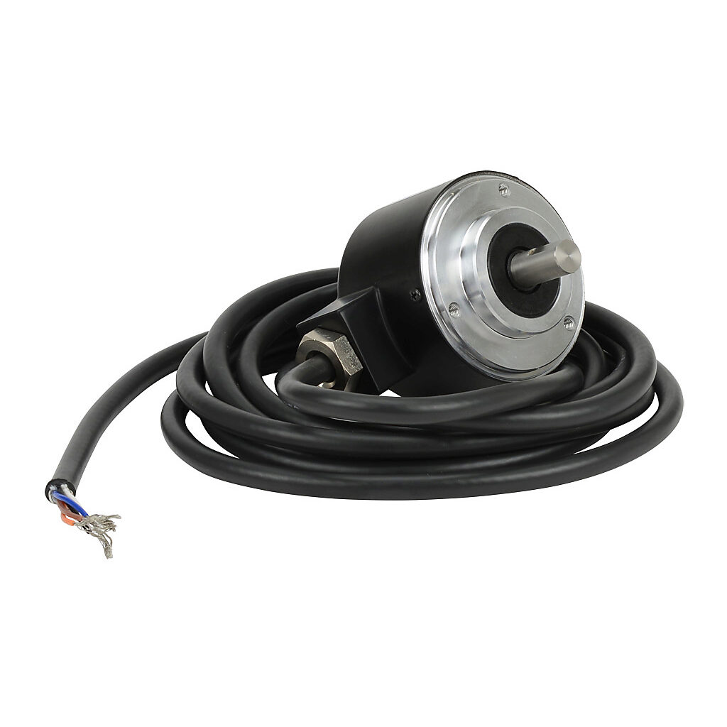 TRD-N60-RZWD - JTEKT TRD-N series incremental (quadrature) rotary encoder, 5-30 VDC, push-pull (totem) output, medium duty, 60 ppr, 8mm solid shaft, 50mm diameter body, IP65, 6.5ft/2m cable length, radial exit, pigtail.