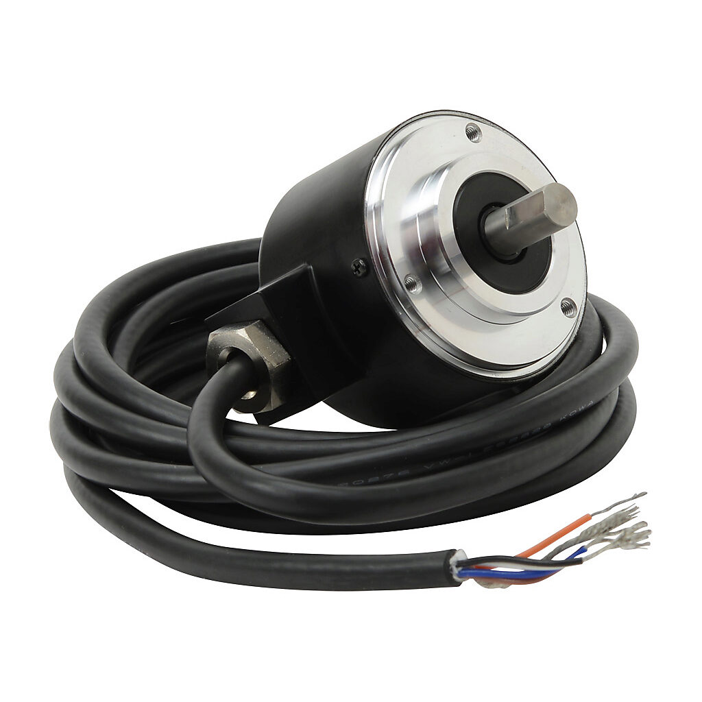 TRD-N600-RZWD - JTEKT TRD-N series incremental (quadrature) rotary encoder, 5-30 VDC, push-pull (totem) output, medium duty, 600 ppr, 8mm solid shaft, 50mm diameter body, IP65, 6.5ft/2m cable length, radial exit, pigtail.