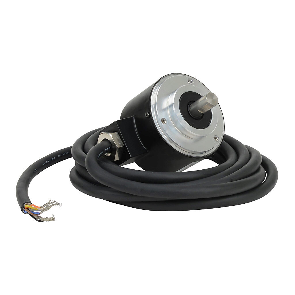 TRD-N750-RZVWD - JTEKT TRD-N series incremental (quadrature) rotary encoder, 5 VDC, line driver (differential) output, medium duty, 750 ppr, 8mm solid shaft, 50mm diameter body, IP65, 6.5ft/2m cable length, radial exit, pigtail.