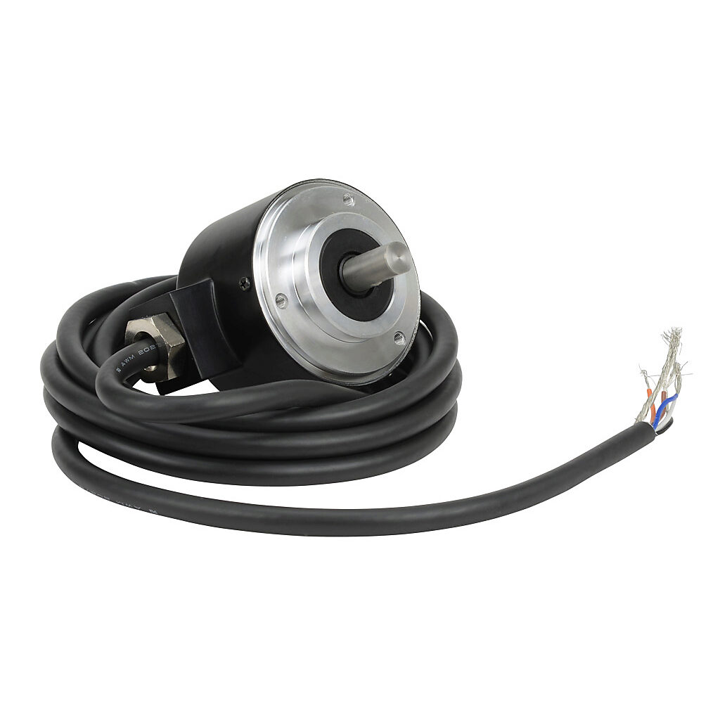 TRD-N750-RZWD - JTEKT TRD-N series incremental (quadrature) rotary encoder, 5-30 VDC, push-pull (totem) output, medium duty, 750 ppr, 8mm solid shaft, 50mm diameter body, IP65, 6.5ft/2m cable length, radial exit, pigtail.