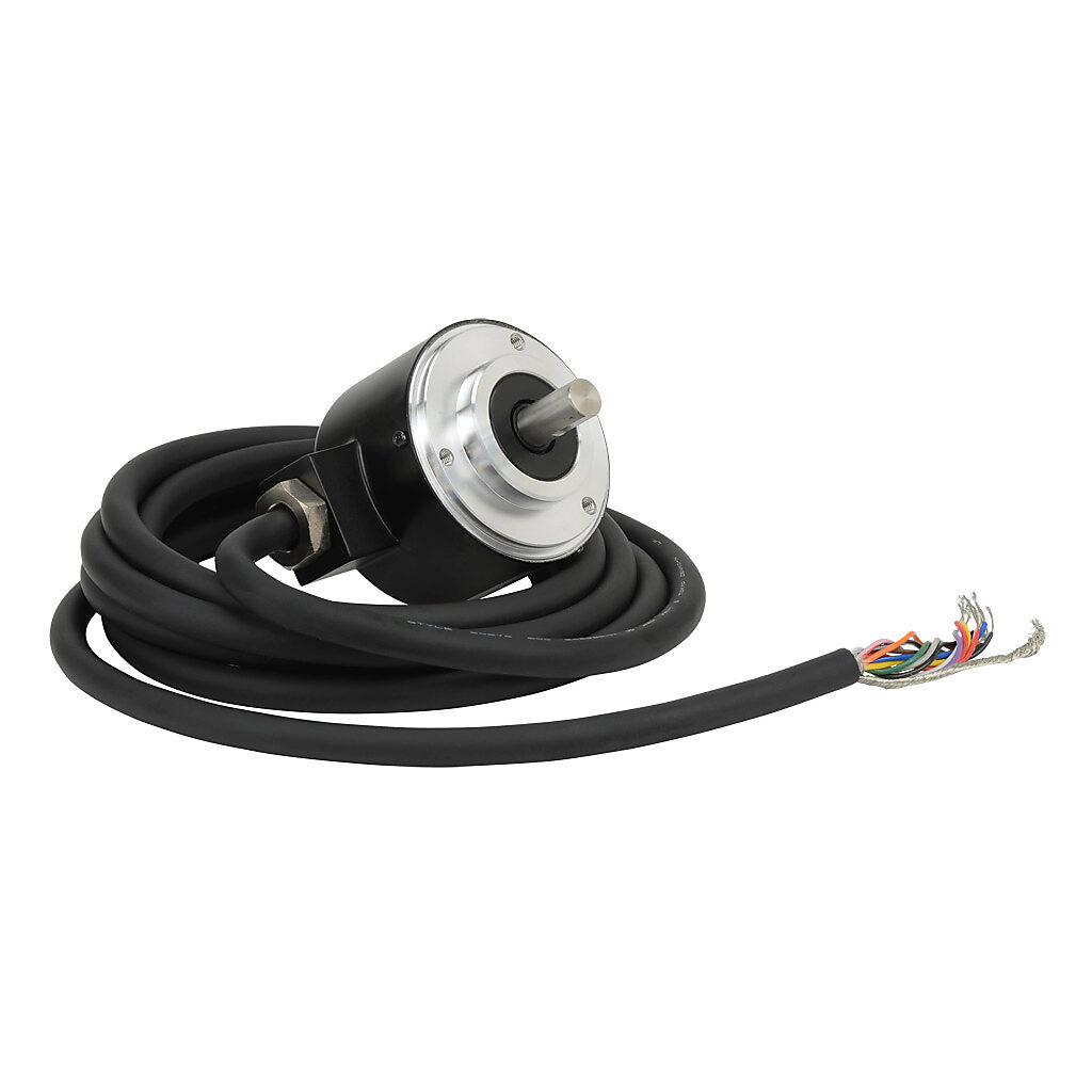 TRD-NA128NWD - JTEKT TRD-NA series single-turn absolute (Gray code) rotary encoder, 10-26 VDC, NPN open collector output, medium duty, 128 ppr, 8mm solid shaft, 50mm diameter body, IP65, 6.5ft/2m cable length, radial exit, pigtail.