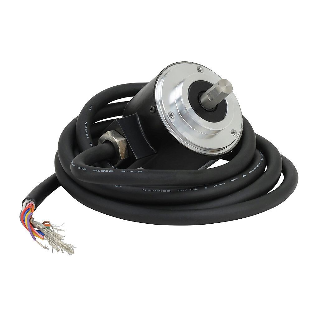 TRD-NA180NWD - JTEKT TRD-NA series single-turn absolute (Gray code) rotary encoder, 10-26 VDC, NPN open collector output, medium duty, 180 ppr, 8mm solid shaft, 50mm diameter body, IP65, 6.5ft/2m cable length, radial exit, pigtail.