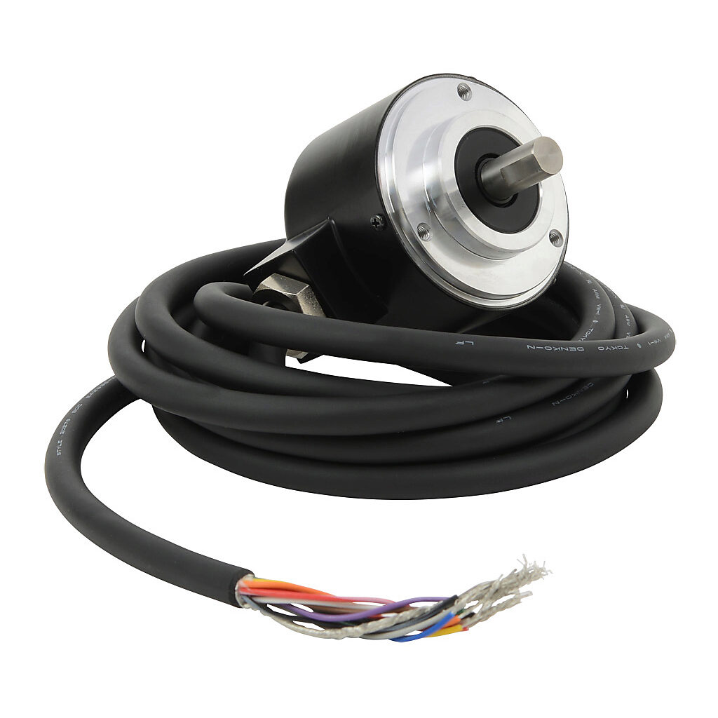 TRD-NA256NWD - JTEKT TRD-NA series single-turn absolute (Gray code) rotary encoder, 10-26 VDC, NPN open collector output, medium duty, 256 ppr, 8mm solid shaft, 50mm diameter body, IP65, 6.5ft/2m cable length, radial exit, pigtail.
