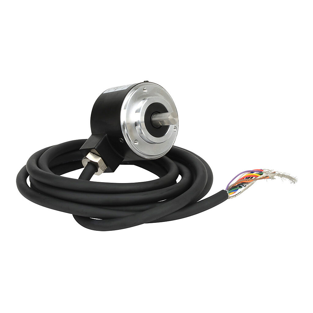 TRD-NA720NWD - JTEKT TRD-NA series single-turn absolute (Gray code) rotary encoder, 10-26 VDC, NPN open collector output, medium duty, 720 ppr, 8mm solid shaft, 50mm diameter body, IP65, 6.5ft/2m cable length, radial exit, pigtail.