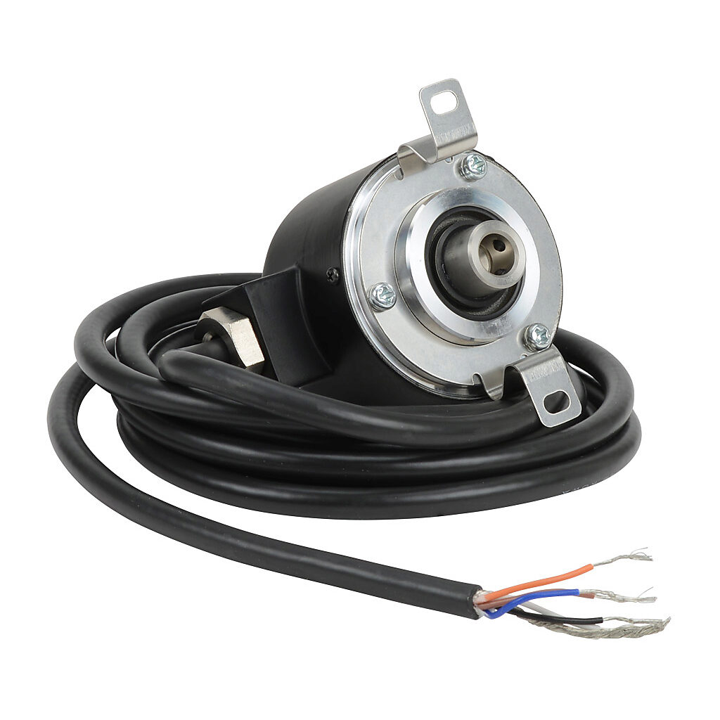 TRD-NH10-RZWD - JTEKT TRD-N series incremental (quadrature) rotary encoder, 5-30 VDC, push-pull (totem) output, medium duty, 10 ppr, 8mm hollow shaft, 50mm diameter body, IP65, 6.5ft/2m cable length, radial exit, pigtail.