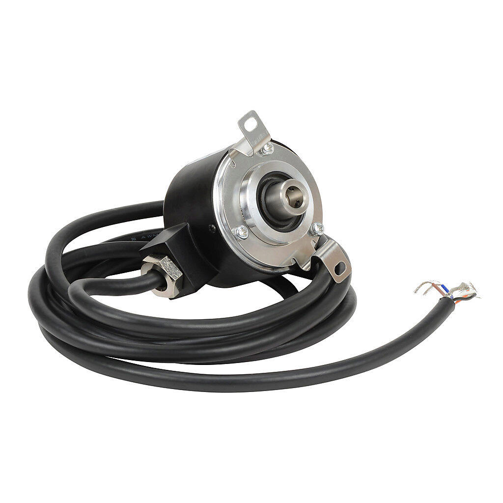 TRD-NH100-RZWD - JTEKT TRD-N series incremental (quadrature) rotary encoder, 5-30 VDC, push-pull (totem) output, medium duty, 100 ppr, 8mm hollow shaft, 50mm diameter body, IP65, 6.5ft/2m cable length, radial exit, pigtail.