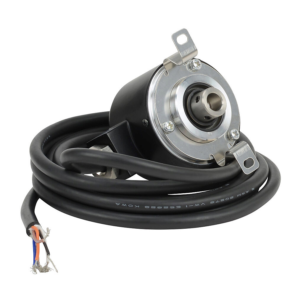 TRD-NH1000-RZWD - JTEKT TRD-N series incremental (quadrature) rotary encoder, 5-30 VDC, push-pull (totem) output, medium duty, 1000 ppr, 8mm hollow shaft, 50mm diameter body, IP65, 6.5ft/2m cable length, radial exit, pigtail.