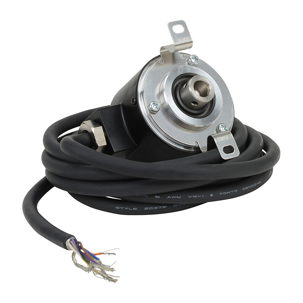 TRD-NH200-RZVWD - JTEKT TRD-N series incremental (quadrature) rotary encoder, 5 VDC, line driver (differential) output, medium duty, 200 ppr, 8mm hollow shaft, 50mm diameter body, IP65, 6.5ft/2m cable length, radial exit, pigtail.