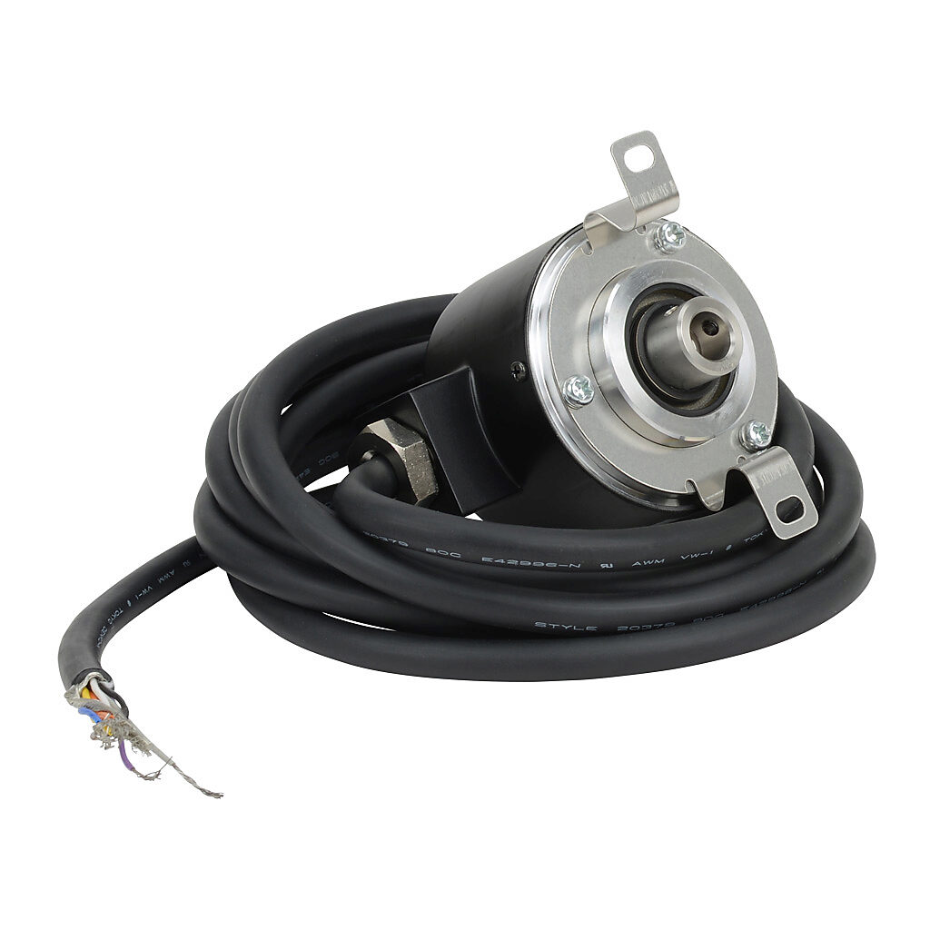 TRD-NH250-RZVWD - JTEKT TRD-N series incremental (quadrature) rotary encoder, 5 VDC, line driver (differential) output, medium duty, 250 ppr, 8mm hollow shaft, 50mm diameter body, IP65, 6.5ft/2m cable length, radial exit, pigtail.