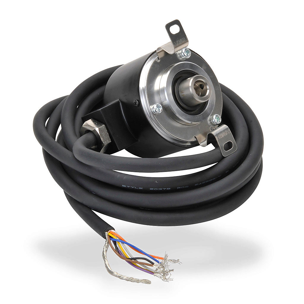 TRD-NH3600-RZVWD - JTEKT TRD-N series incremental (quadrature) rotary encoder, 5 VDC, line driver (differential) output, medium duty, 3600 ppr, 8mm hollow shaft, 50mm diameter body, IP65, 6.5ft/2m cable length, radial exit, pigtail.