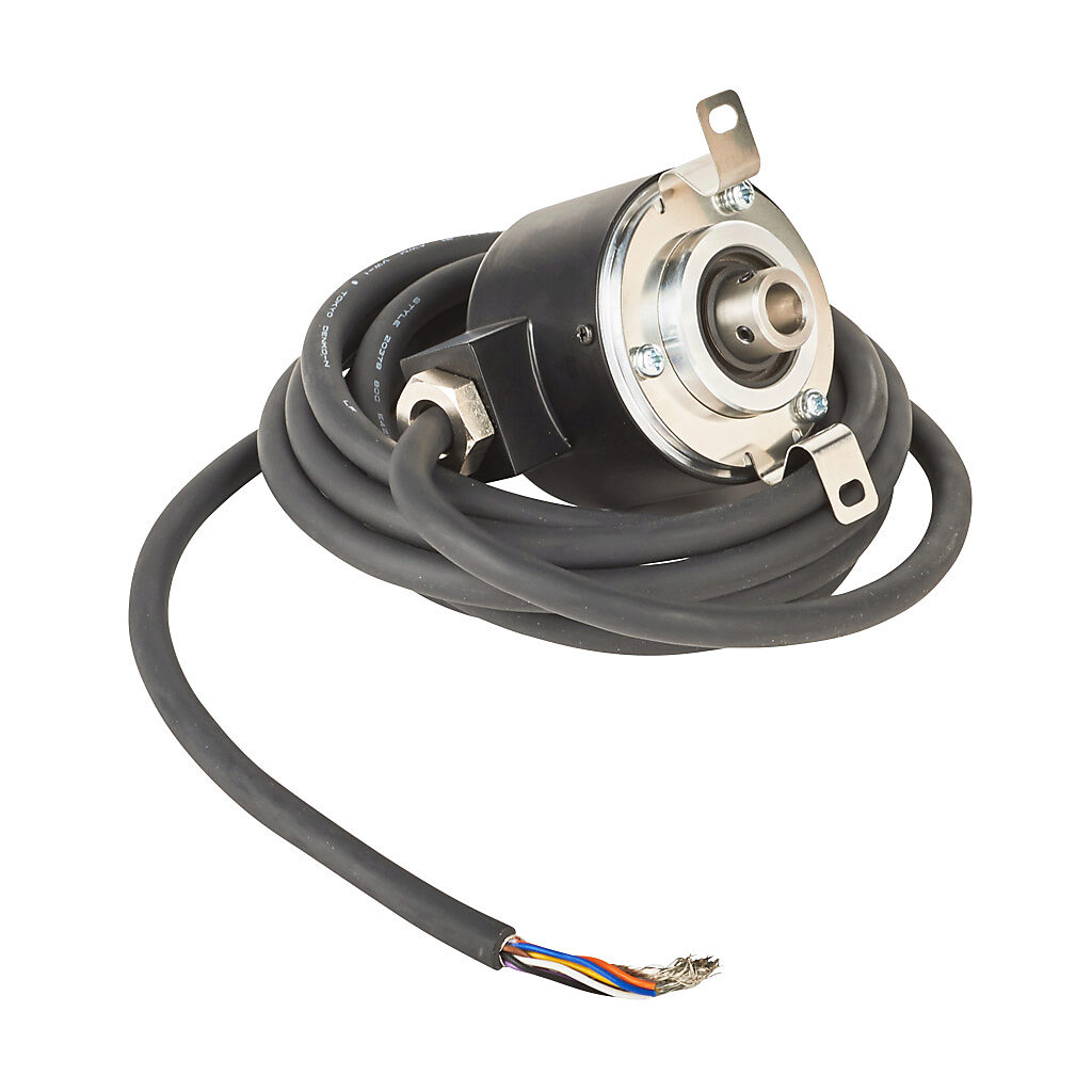 TRD-NH400-RZVWD - JTEKT TRD-N series incremental (quadrature) rotary encoder, 5 VDC, line driver (differential) output, medium duty, 400 ppr, 8mm hollow shaft, 50mm diameter body, IP65, 6.5ft/2m cable length, radial exit, pigtail.