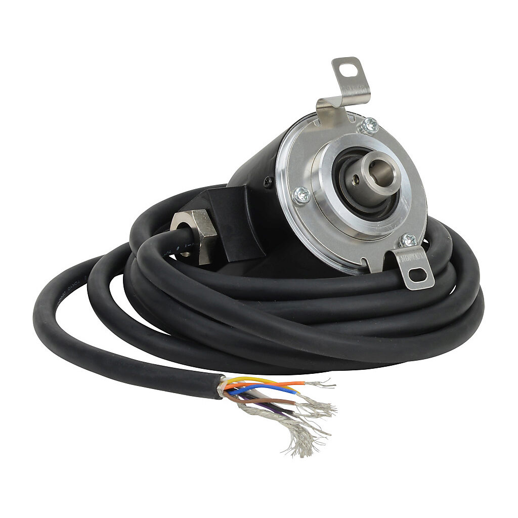 TRD-NH480-RZVWD - JTEKT TRD-N series incremental (quadrature) rotary encoder, 5 VDC, line driver (differential) output, medium duty, 480 ppr, 8mm hollow shaft, 50mm diameter body, IP65, 6.5ft/2m cable length, radial exit, pigtail.