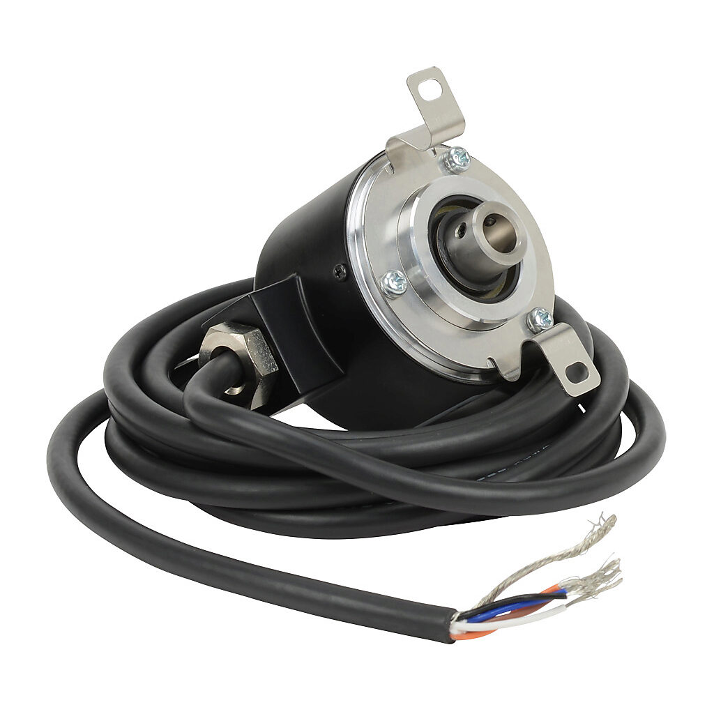 TRD-NH60-RZWD - JTEKT TRD-N series incremental (quadrature) rotary encoder, 5-30 VDC, push-pull (totem) output, medium duty, 60 ppr, 8mm hollow shaft, 50mm diameter body, IP65, 6.5ft/2m cable length, radial exit, pigtail.