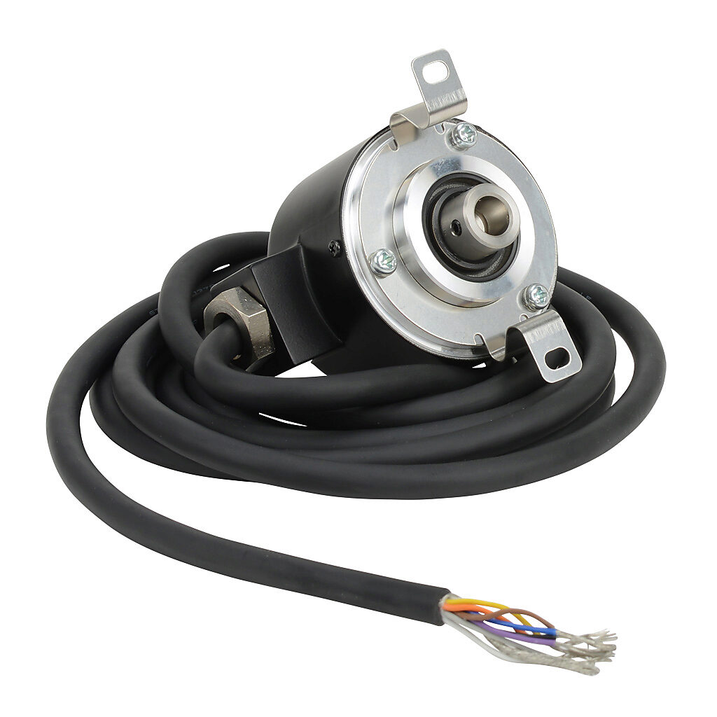 TRD-NH600-RZVWD - JTEKT TRD-N series incremental (quadrature) rotary encoder, 5 VDC, line driver (differential) output, medium duty, 600 ppr, 8mm hollow shaft, 50mm diameter body, IP65, 6.5ft/2m cable length, radial exit, pigtail.