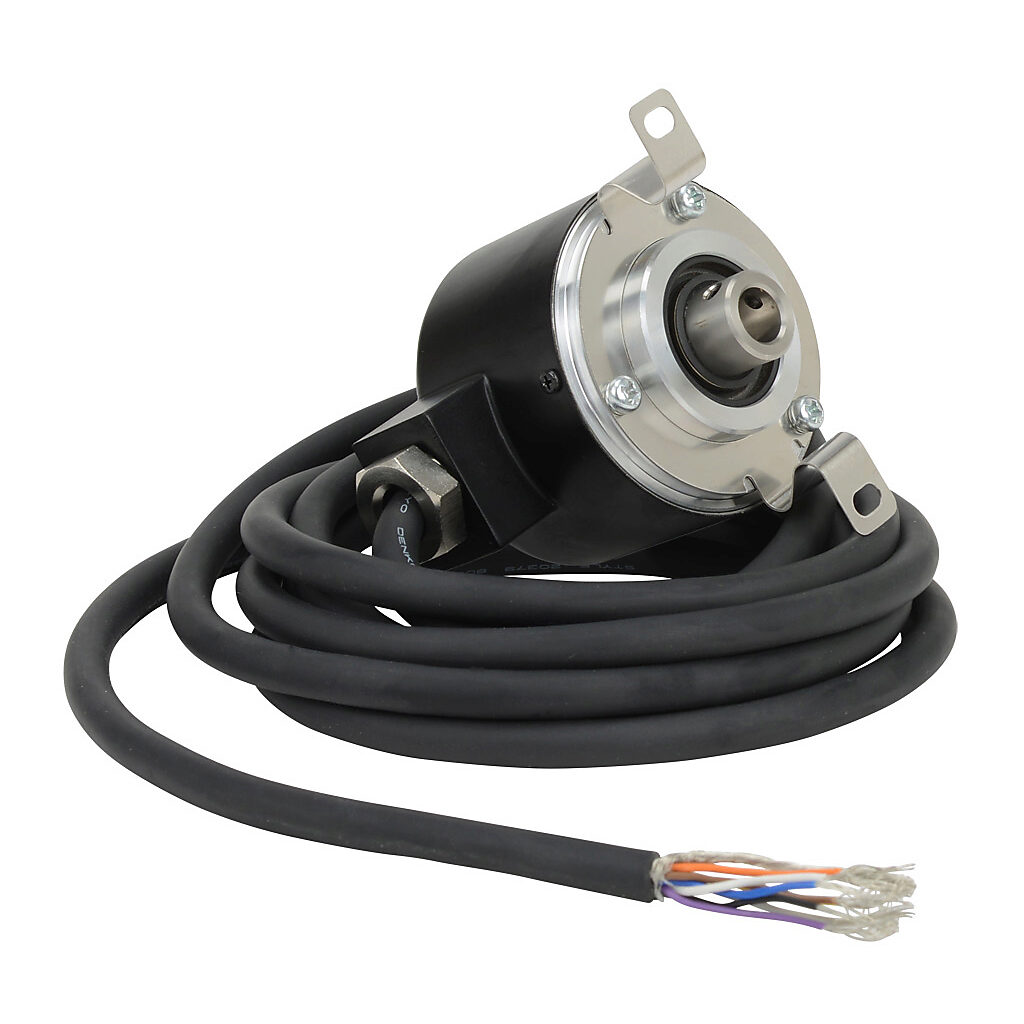 TRD-NH750-RZVWD - JTEKT TRD-N series incremental (quadrature) rotary encoder, 5 VDC, line driver (differential) output, medium duty, 750 ppr, 8mm hollow shaft, 50mm diameter body, IP65, 6.5ft/2m cable length, radial exit, pigtail.