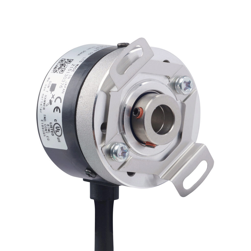 TRD-SHR1000A5D - JTEKT TRD-SR series incremental (quadrature) rotary encoder, 5-26 VDC, NPN open collector output, light duty, 1000 ppr, 8mm hollow shaft, 38mm diameter body, IP50, 6.5ft/2m cable length, radial exit, pigtail.