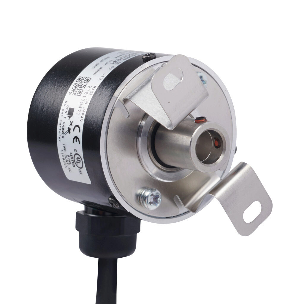 TRD-SHR1000VW0D - JTEKT TRD-SR series incremental (quadrature) rotary encoder, 5 VDC, line driver (differential) output, light duty, 1000 ppr, 8mm hollow shaft, 40mm diameter body, IP65, 6.5ft/2m cable length, radial exit, pigtail.