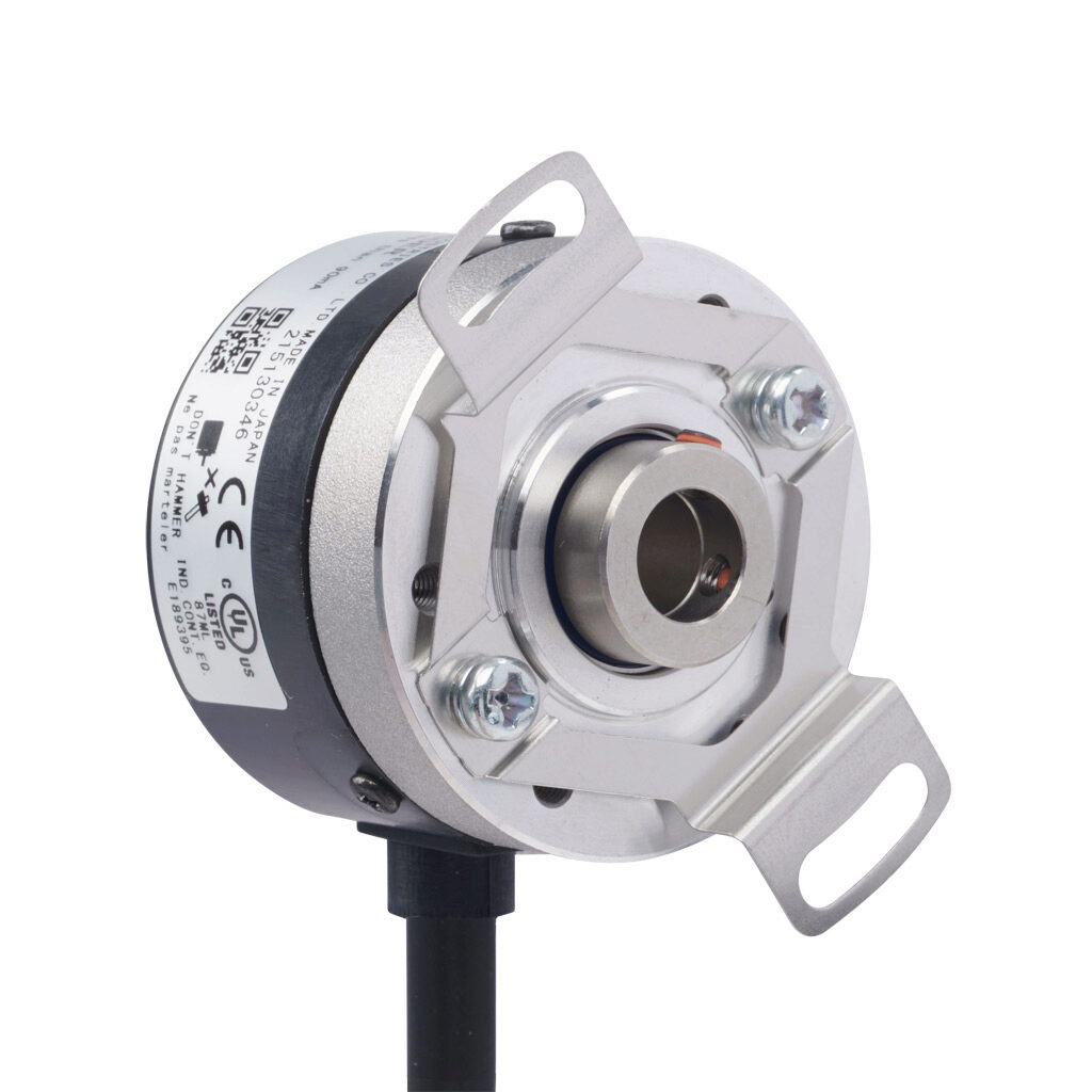 TRD-SHR100A5D - JTEKT TRD-SR series incremental (quadrature) rotary encoder, 5-26 VDC, NPN open collector output, light duty, 100 ppr, 8mm hollow shaft, 38mm diameter body, IP50, 6.5ft/2m cable length, radial exit, pigtail.