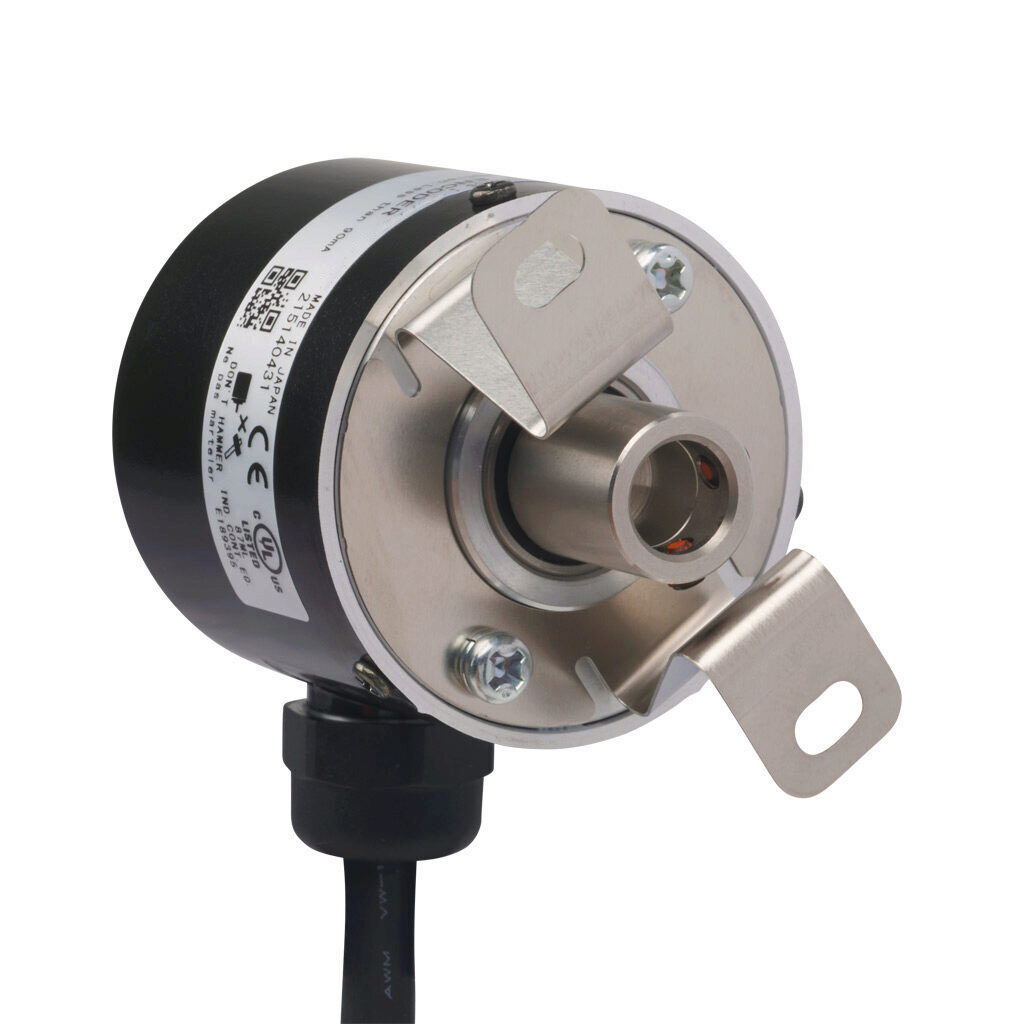 TRD-SHR100AW0D - JTEKT TRD-SR series incremental (quadrature) rotary encoder, 5-26 VDC, NPN open collector output, light duty, 100 ppr, 8mm hollow shaft, 40mm diameter body, IP65, 6.5ft/2m cable length, radial exit, pigtail.