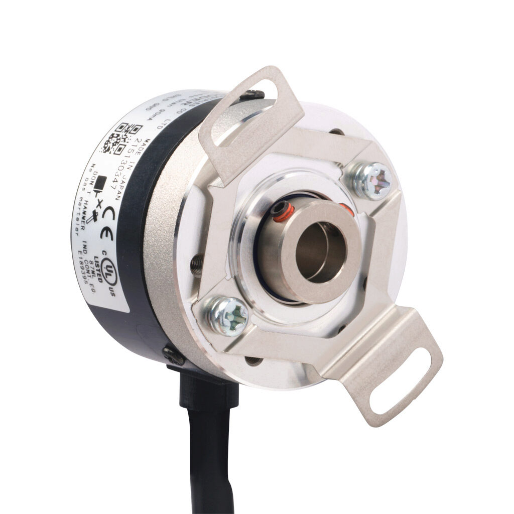 TRD-SHR100V5D - JTEKT TRD-SR series incremental (quadrature) rotary encoder, 5 VDC, line driver (differential) output, light duty, 100 ppr, 8mm hollow shaft, 38mm diameter body, IP50, 6.5ft/2m cable length, radial exit, pigtail.