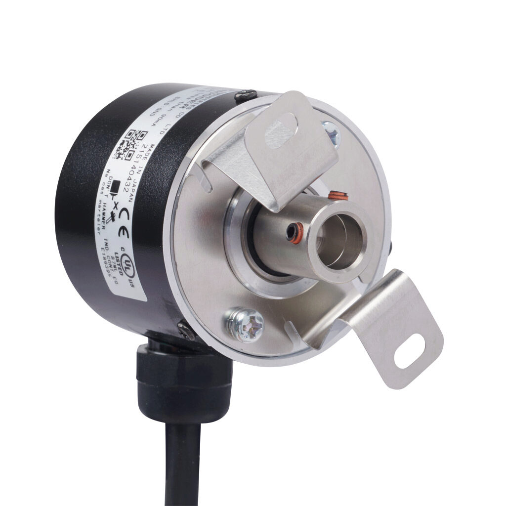 TRD-SHR100VW0D - JTEKT TRD-SR series incremental (quadrature) rotary encoder, 5 VDC, line driver (differential) output, light duty, 100 ppr, 8mm hollow shaft, 40mm diameter body, IP65, 6.5ft/2m cable length, radial exit, pigtail.