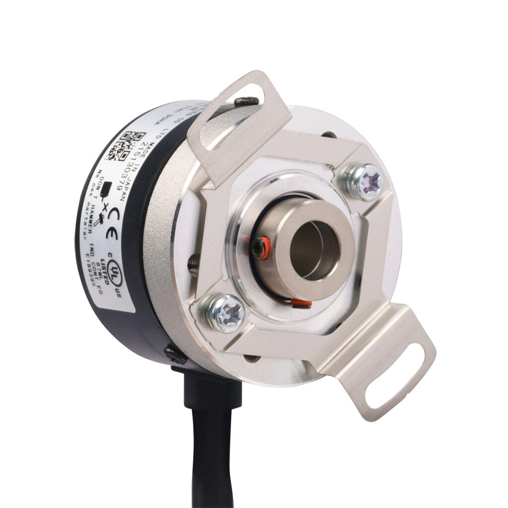 TRD-SHR1024A5D - JTEKT TRD-SR series incremental (quadrature) rotary encoder, 5-26 VDC, NPN open collector output, light duty, 1024 ppr, 8mm hollow shaft, 38mm diameter body, IP50, 6.5ft/2m cable length, radial exit, pigtail.