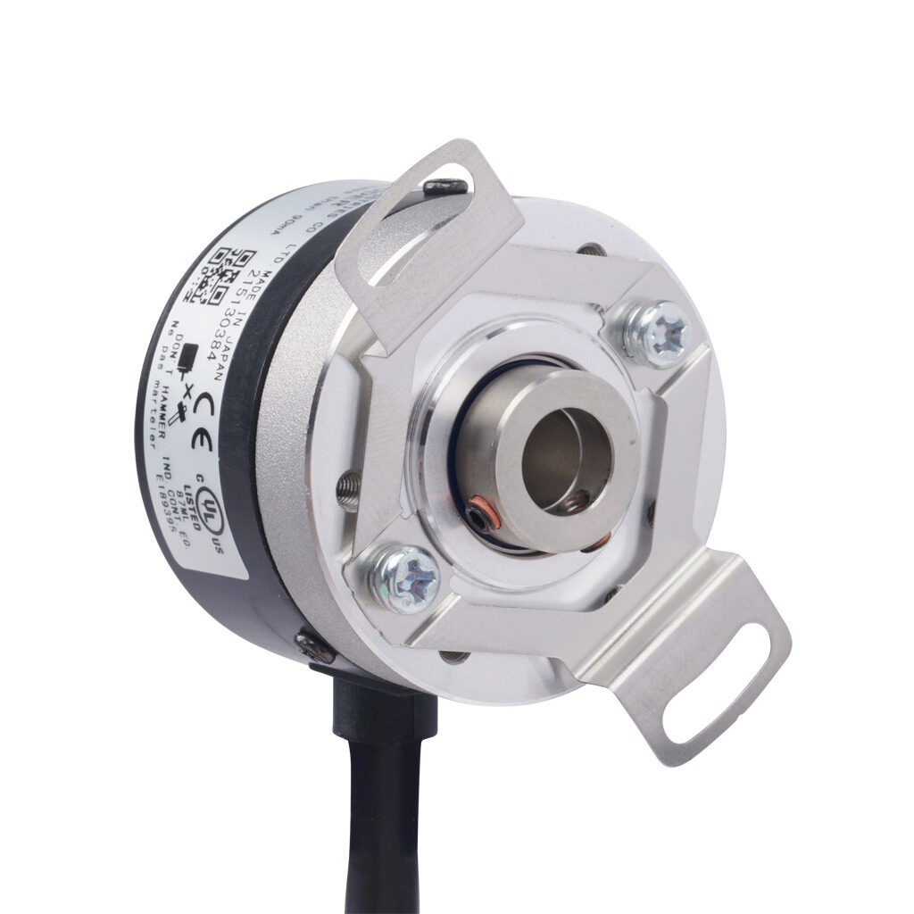 TRD-SHR2000A5D - JTEKT TRD-SR series incremental (quadrature) rotary encoder, 5-26 VDC, NPN open collector output, light duty, 2000 ppr, 8mm hollow shaft, 38mm diameter body, IP50, 6.5ft/2m cable length, radial exit, pigtail.
