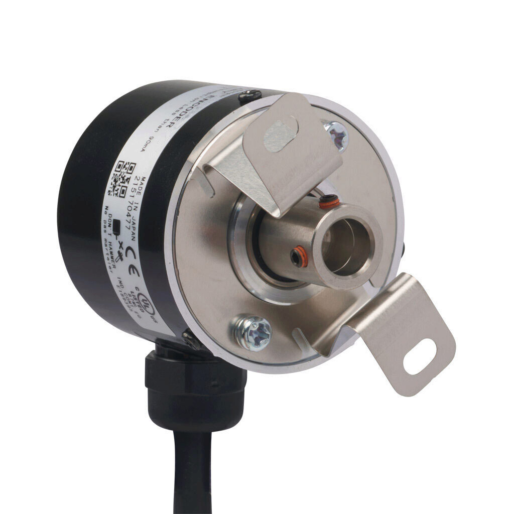 TRD-SHR2000AW0D - JTEKT TRD-SR series incremental (quadrature) rotary encoder, 5-26 VDC, NPN open collector output, light duty, 2000 ppr, 8mm hollow shaft, 40mm diameter body, IP65, 6.5ft/2m cable length, radial exit, pigtail.