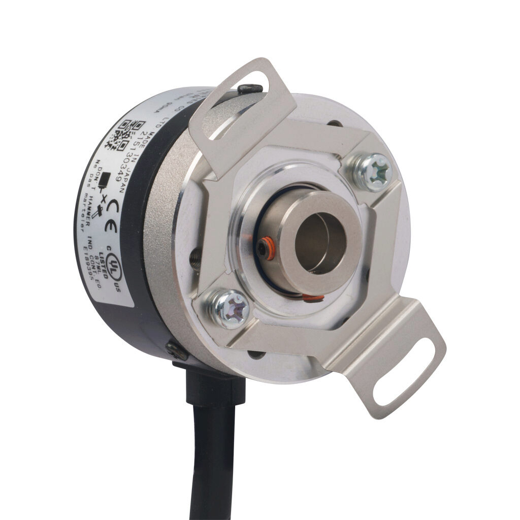 TRD-SHR200A5D - JTEKT TRD-SR series incremental (quadrature) rotary encoder, 5-26 VDC, NPN open collector output, light duty, 200 ppr, 8mm hollow shaft, 38mm diameter body, IP50, 6.5ft/2m cable length, radial exit, pigtail.