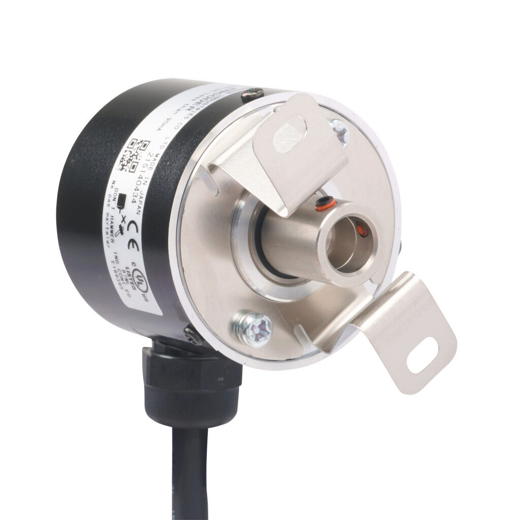 TRD-SHR200AW0D - JTEKT TRD-SR series incremental (quadrature) rotary encoder, 5-26 VDC, NPN open collector output, light duty, 200 ppr, 8mm hollow shaft, 40mm diameter body, IP65, 6.5ft/2m cable length, radial exit, pigtail.