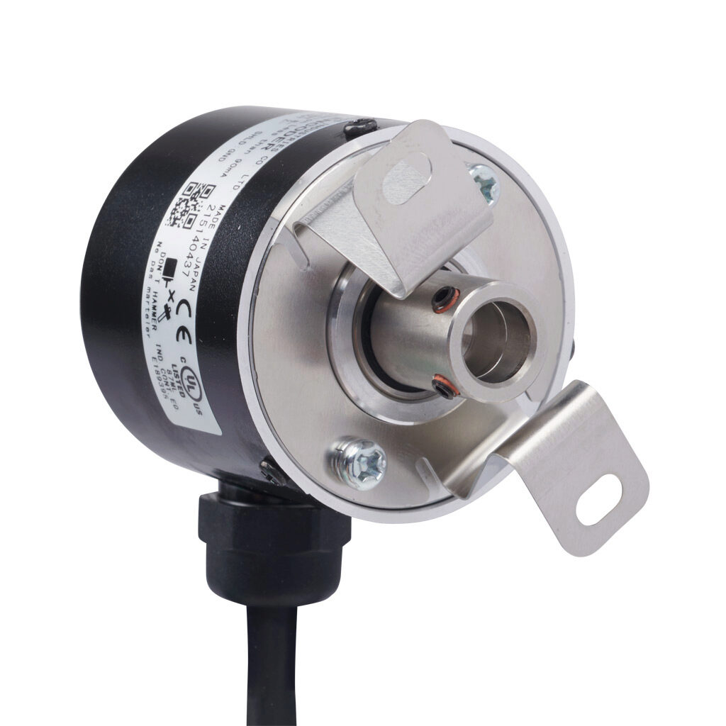 TRD-SHR200VW0D - JTEKT TRD-SR series incremental (quadrature) rotary encoder, 5 VDC, line driver (differential) output, light duty, 200 ppr, 8mm hollow shaft, 40mm diameter body, IP65, 6.5ft/2m cable length, radial exit, pigtail.