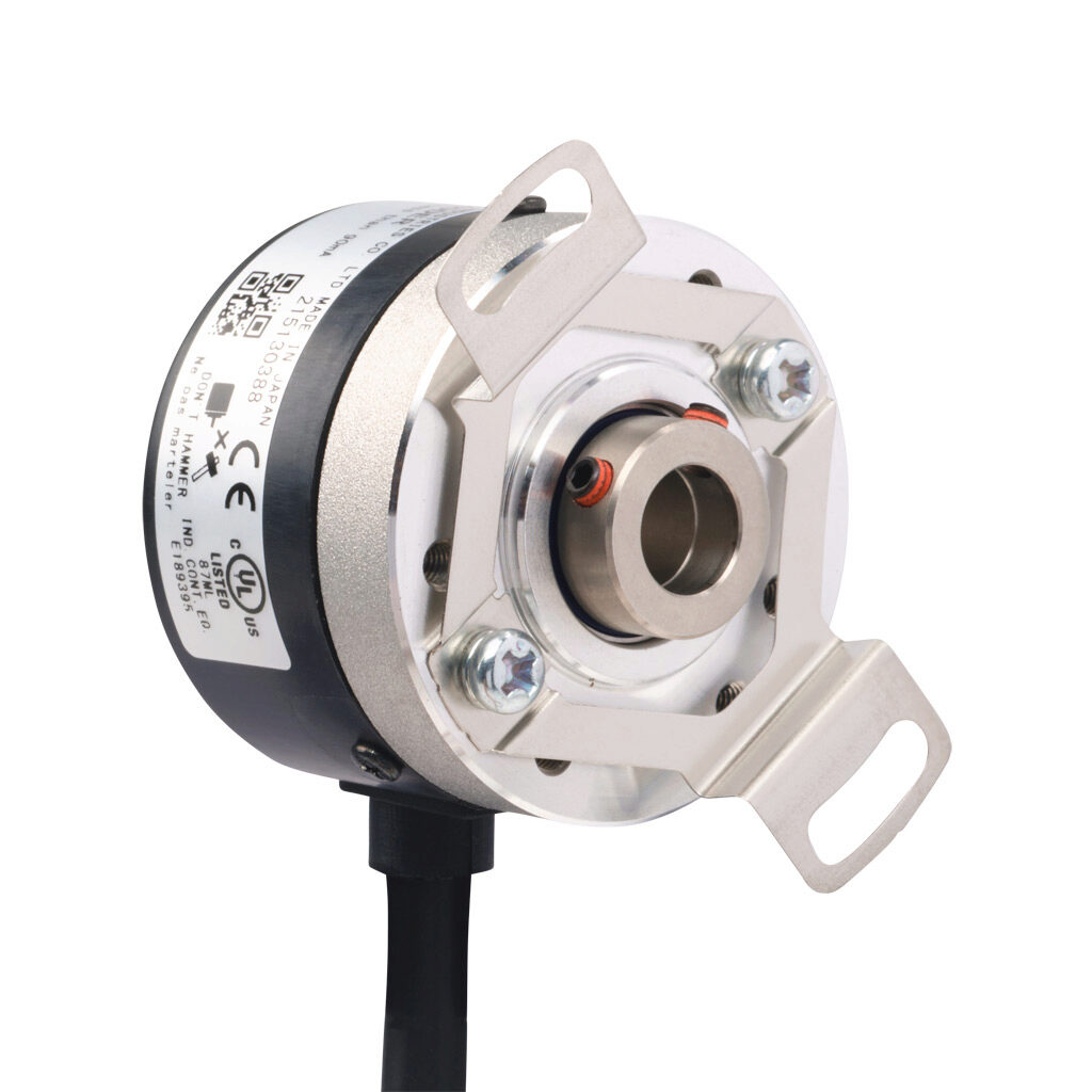 TRD-SHR2500A5D - JTEKT TRD-SR series incremental (quadrature) rotary encoder, 5-26 VDC, NPN open collector output, light duty, 2500 ppr, 8mm hollow shaft, 38mm diameter body, IP50, 6.5ft/2m cable length, radial exit, pigtail.