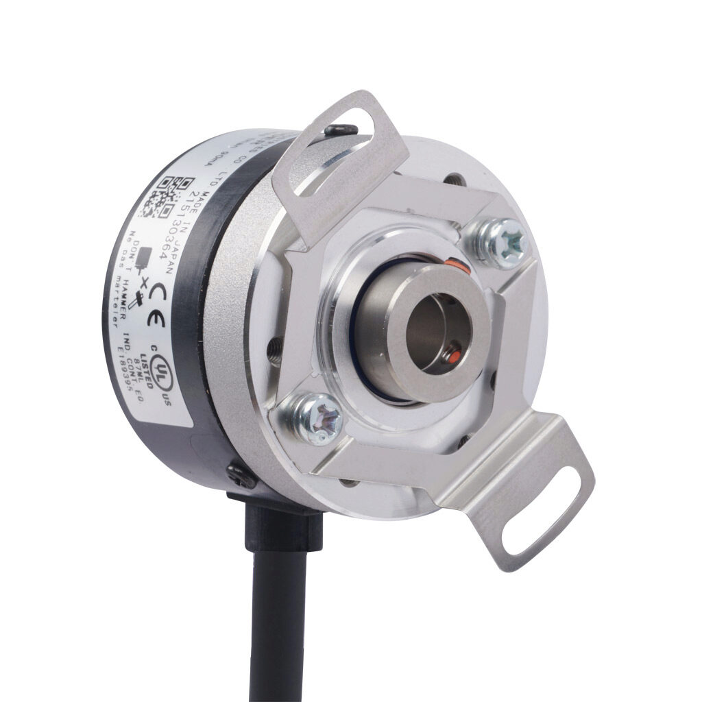TRD-SHR360A5D - JTEKT TRD-SR series incremental (quadrature) rotary encoder, 5-26 VDC, NPN open collector output, light duty, 360 ppr, 8mm hollow shaft, 38mm diameter body, IP50, 6.5ft/2m cable length, radial exit, pigtail.