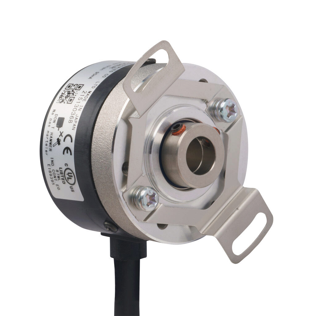TRD-SHR500A5D - JTEKT TRD-SR series incremental (quadrature) rotary encoder, 5-26 VDC, NPN open collector output, light duty, 500 ppr, 8mm hollow shaft, 38mm diameter body, IP50, 6.5ft/2m cable length, radial exit, pigtail.