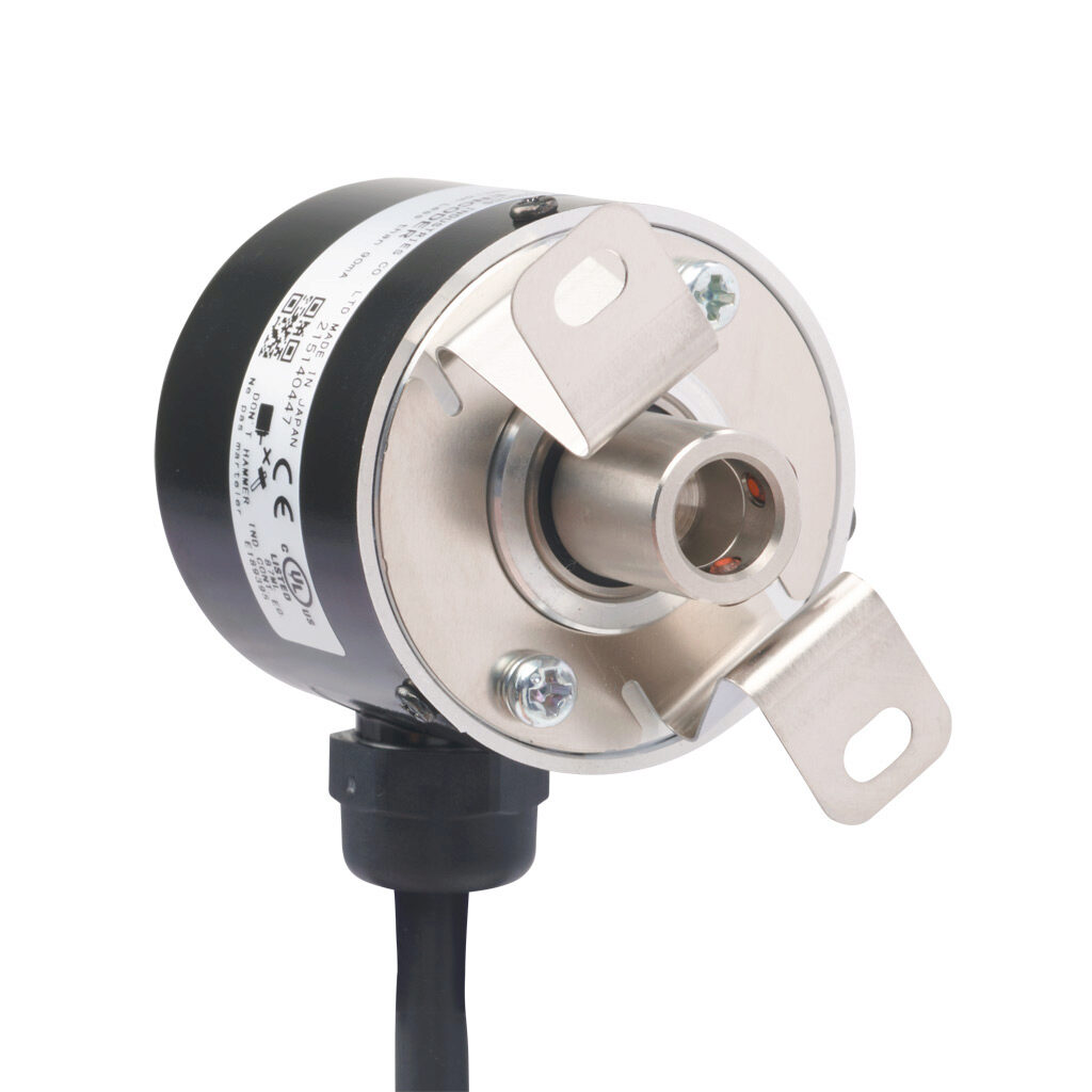 TRD-SHR600AW0D - JTEKT TRD-SR series incremental (quadrature) rotary encoder, 5-26 VDC, NPN open collector output, light duty, 600 ppr, 8mm hollow shaft, 40mm diameter body, IP65, 6.5ft/2m cable length, radial exit, pigtail.