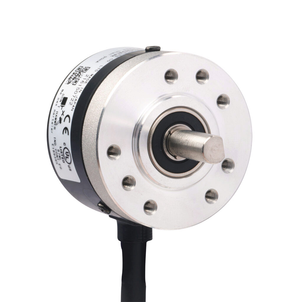 TRD-SR100AD - JTEKT TRD-SR series incremental (quadrature) rotary encoder, 5-26 VDC, NPN open collector output, light duty, 100 ppr, 6mm solid shaft, 38mm diameter body, IP50, 6.5ft/2m cable length, radial exit, pigtail.
