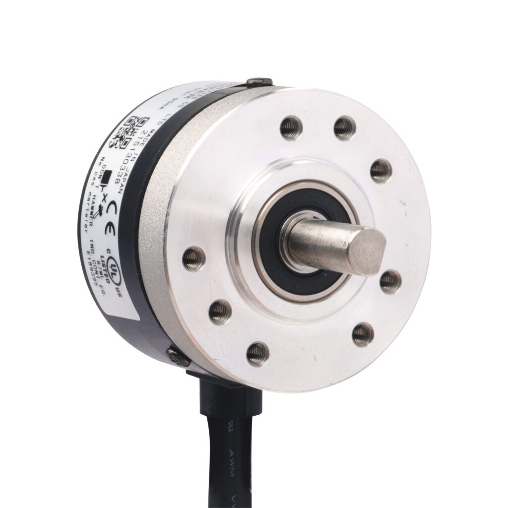 TRD-SR2000AD - JTEKT TRD-SR series incremental (quadrature) rotary encoder, 5-26 VDC, NPN open collector output, light duty, 2000 ppr, 6mm solid shaft, 38mm diameter body, IP50, 6.5ft/2m cable length, radial exit, pigtail.
